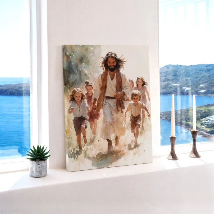 Obraz na płótnie canvas Jezus z dziećmi akwarela