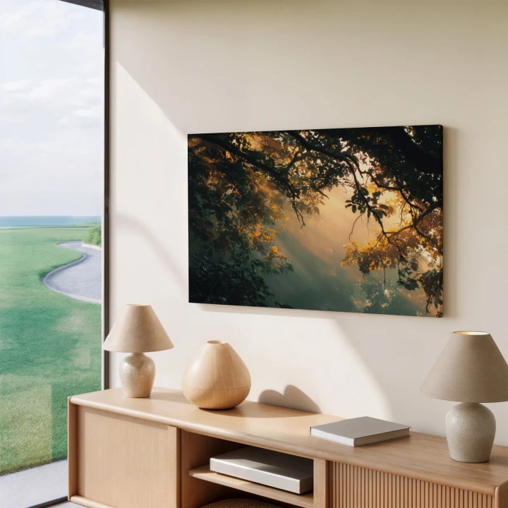 Obraz na płótnie canvas Złote promienie lasu realistyczny