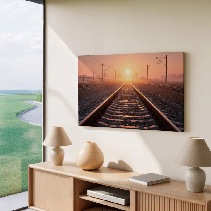 Obraz na płótnie canvas Tory kolejowe o świcie realistyczny