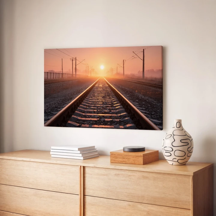 Obraz na płótnie canvas Tory kolejowe o świcie realistyczny