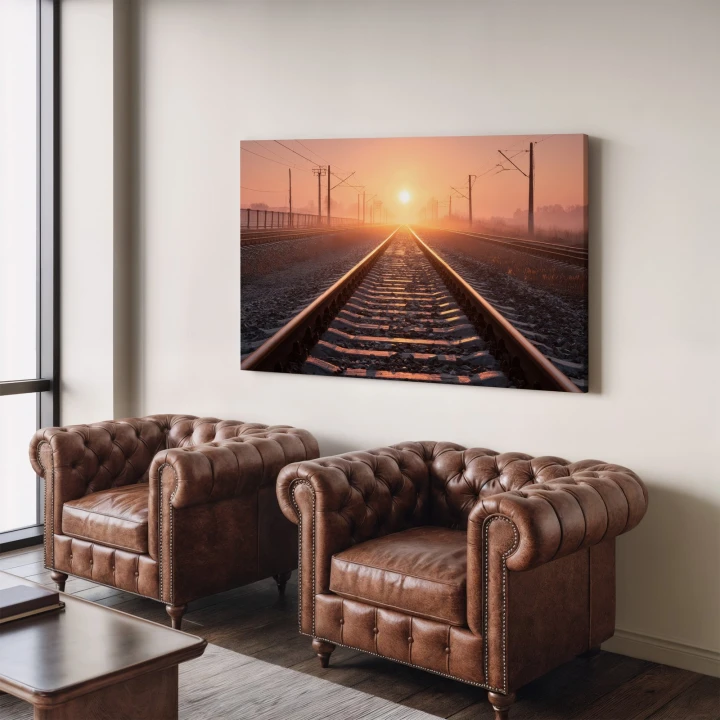 Obraz na płótnie canvas Tory kolejowe o świcie realistyczny