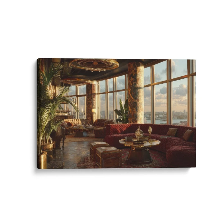 Obraz na płótnie canvas Bordowa sofa z widokiem glamour