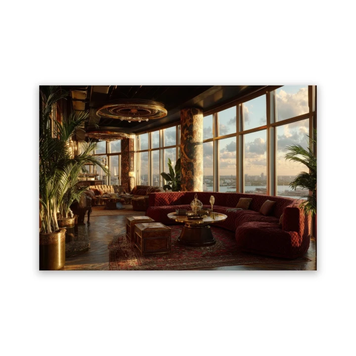 Obraz na płótnie canvas Bordowa sofa z widokiem glamour