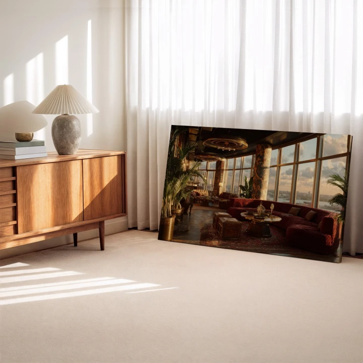 Obraz na płótnie canvas Bordowa sofa z widokiem glamour