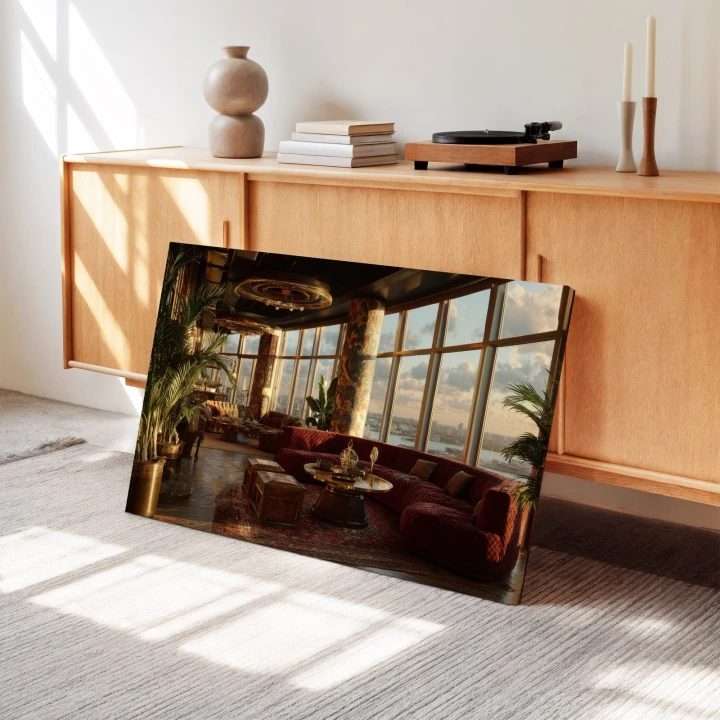 Obraz na płótnie canvas Bordowa sofa z widokiem glamour