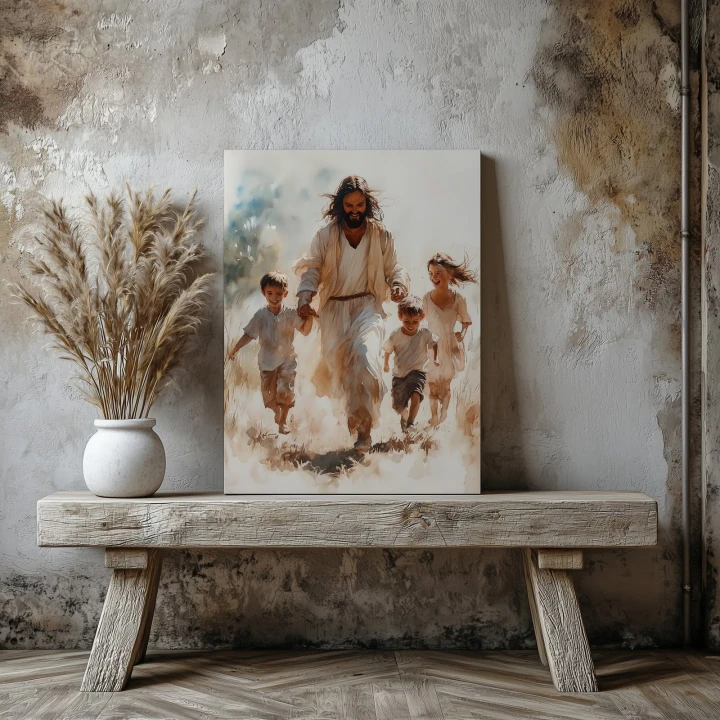 Obraz na płótnie canvas Jezus z dziećmi akwarela