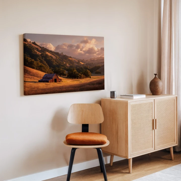 Obraz na płótnie canvas Stodoła na wzgórzach realistyczny