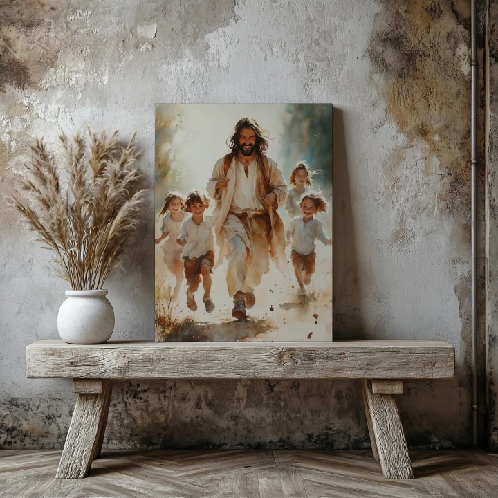 Obraz na płótnie canvas Jezus z dziećmi akwarela