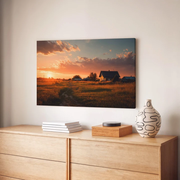 Obraz na płótnie canvas Zachód nad chatą realistyczny