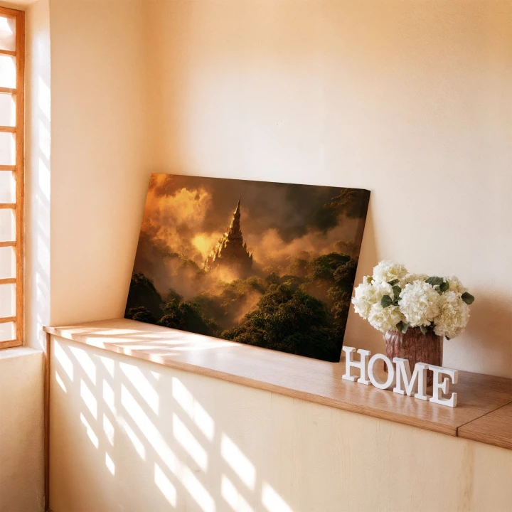 Obraz na płótnie canvas Złota pagoda w mgle realistyczny