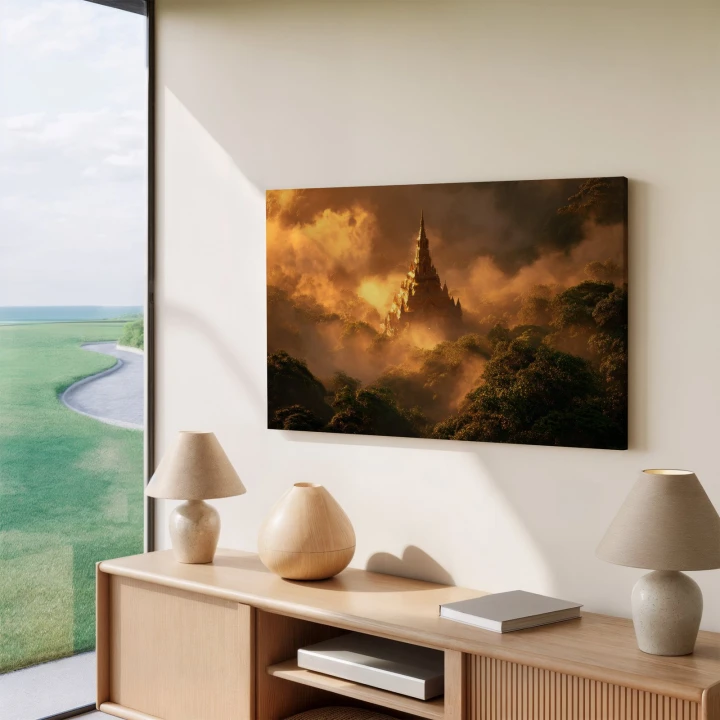 Obraz na płótnie canvas Złota pagoda w mgle realistyczny