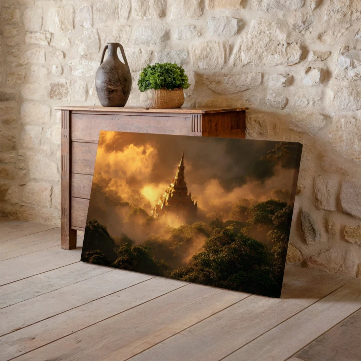 Obraz na płótnie canvas Złota pagoda w mgle realistyczny