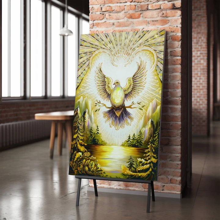 Obraz na płótnie canvas Gołąb nad złotym jeziorem malarski