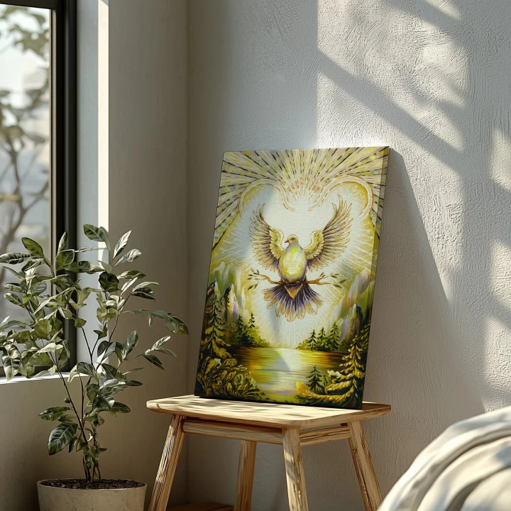 Obraz na płótnie canvas Gołąb nad złotym jeziorem malarski