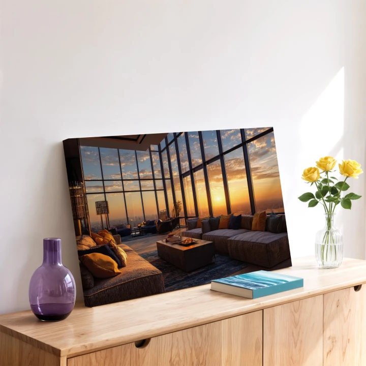 Obraz na płótnie canvas Salon z panoramą miasta nowoczesny