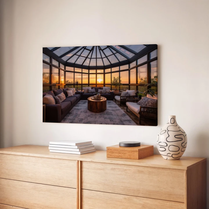 Obraz na płótnie canvas Zimowy ogród z zachodem nowoczesny