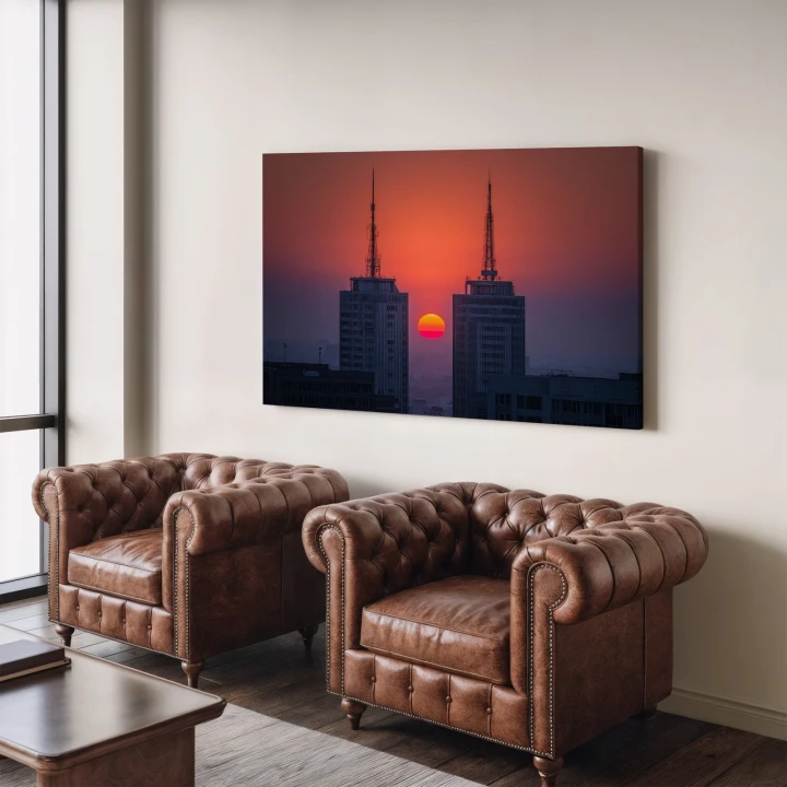 Obraz na płótnie canvas Wieżowce o zachodzie realistyczny
